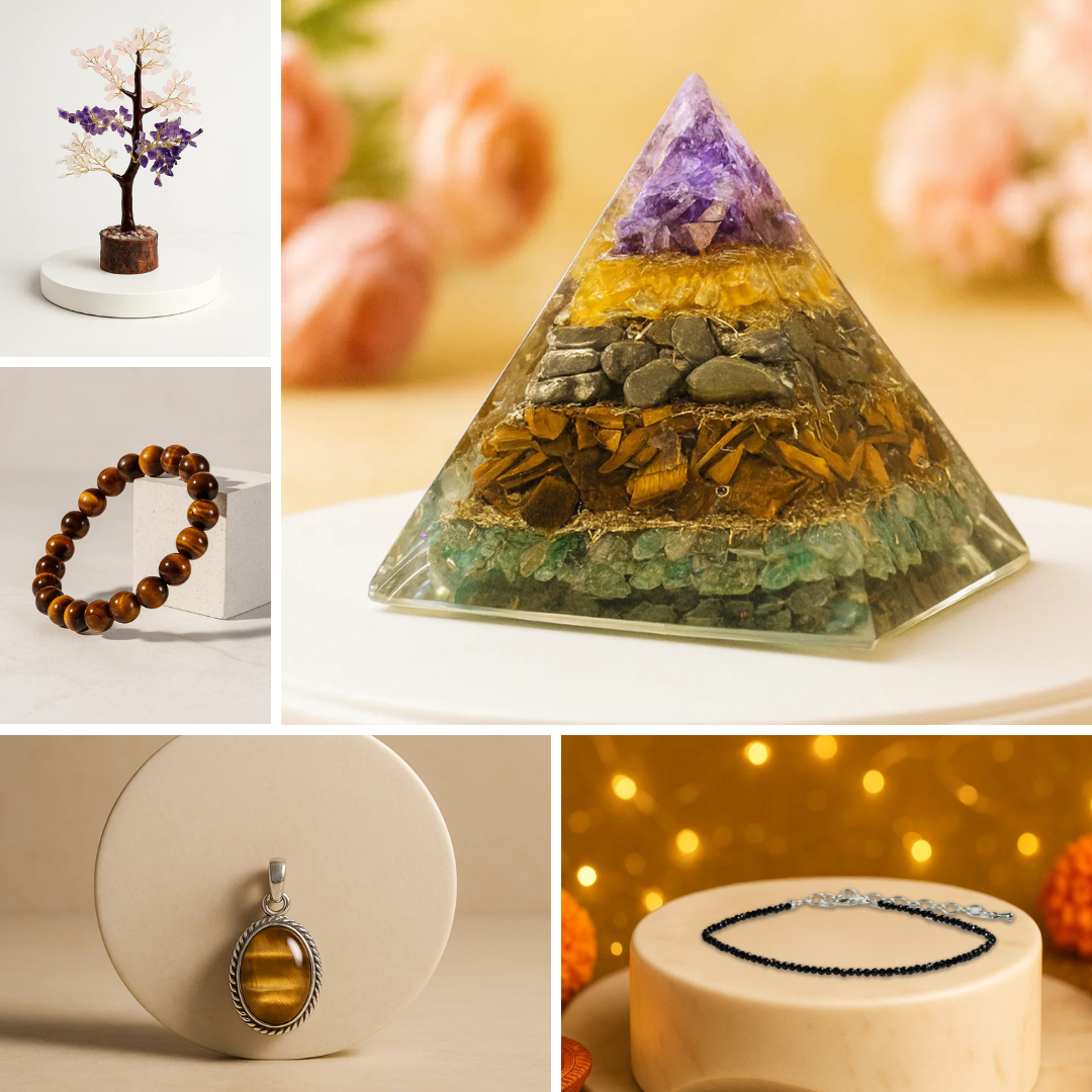 KS Health & Wellness Kit (Nav Urja Pyramid, Aura Healing Tree, Tiger's Eye Bracelet, Tiger Eye Pendant, Black Tourmaline Anklet)