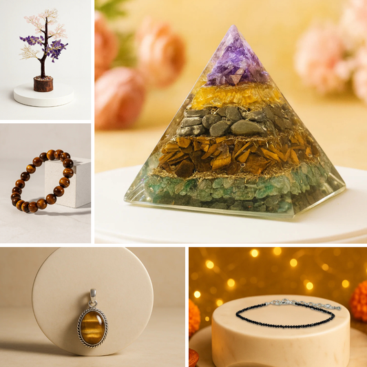 KS Health & Wellness Kit (Nav Urja Pyramid, Aura Healing Tree, Tiger's Eye Bracelet, Tiger Eye Pendant, Black Tourmaline Anklet)