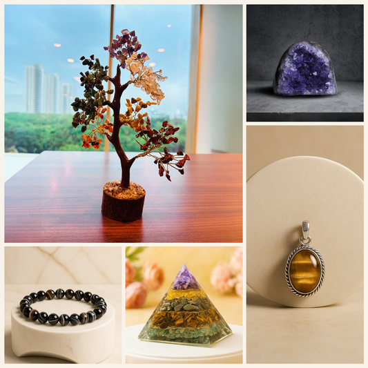 KS Calm Mind Kit (7 Chakra Tree, Nav Urja Pyramid, Amethyst Crystal, Sulemani Hakik Bracelet, Tiger Eye Pendant)