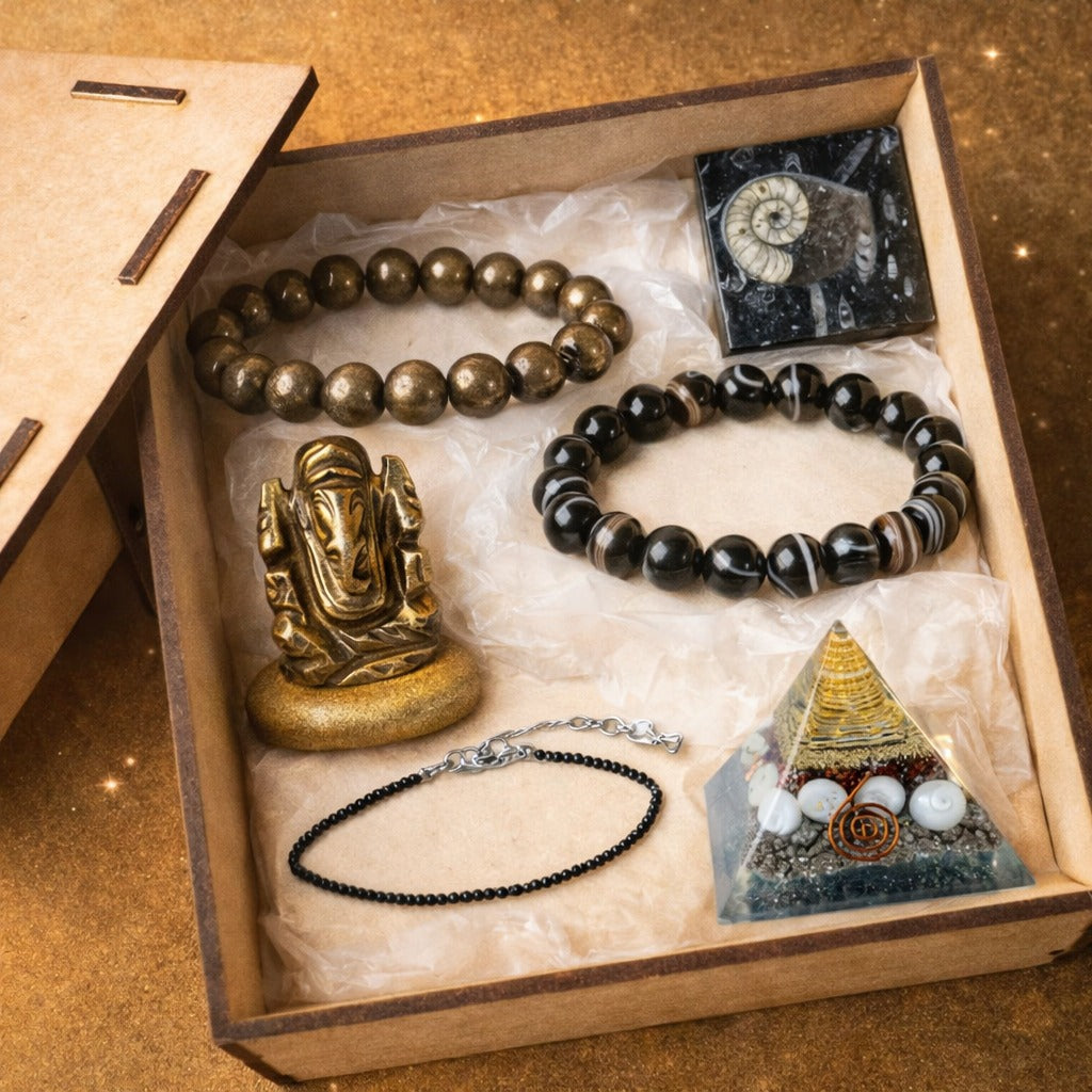 KS Shani Sade Sati Kit (Pyrite Bracelet, Kuber Stone Box, Sulemani Hakik Bracelet, Pyrite Ganesha, Pyrite Base GomtiChakra Pyramid, Black Tourmaline Anklet)